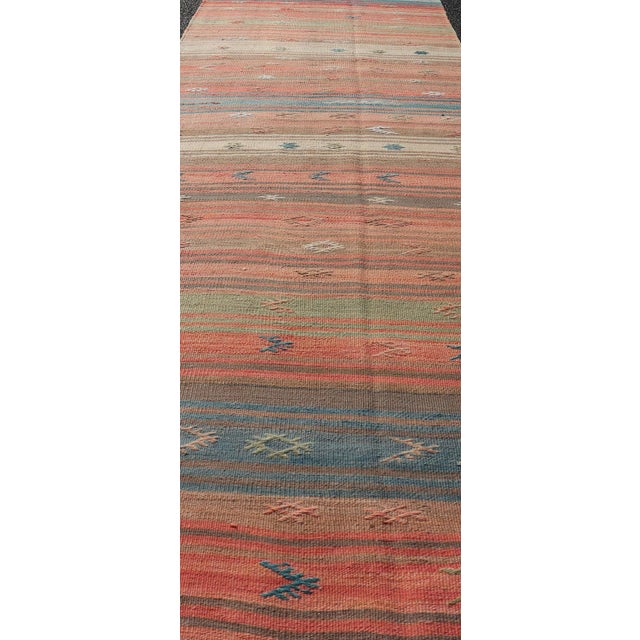 Mid 20th Century Multicolor Striped Vintage Turkish Kilim Runner With Coral Blue Tones For Sale - Image 5 of 11