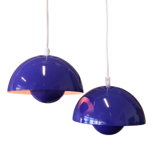 Vintage Pendant Lamp in Cobalt Blue Metal and Red Inside Cup by Verner Panton for Louis Poulsen, 1960s, Set of 2