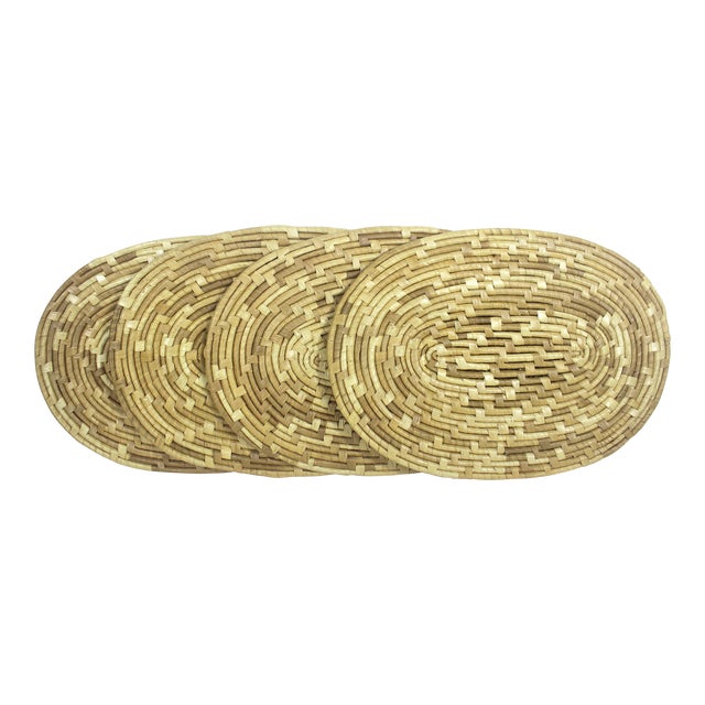 1970s Handmade Coiled Straw Raffia Oval Large Placemats Set of 4