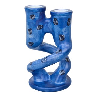Vintage Handcrafted Blue West-African Soapstone Candleholders- S/2 For Sale