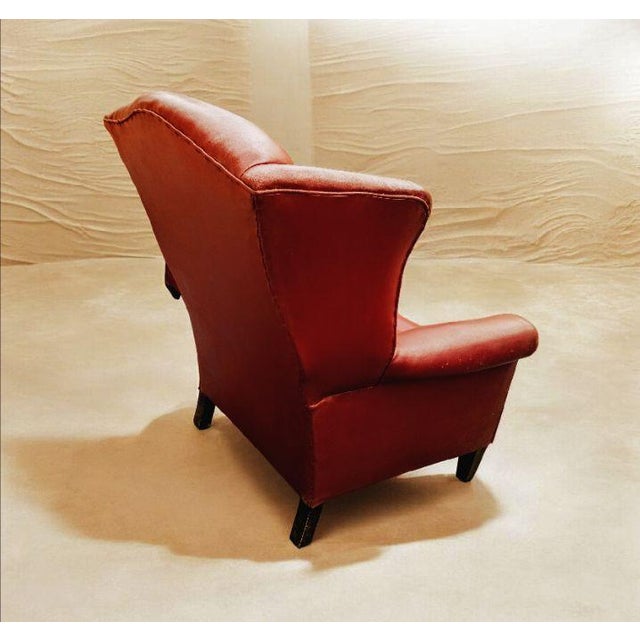 Red Vintage Red Leather Wingback Chair & Ottoman For Sale - Image 8 of 8