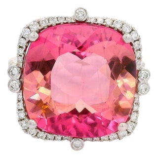 13.80 Carat Pink Tourmaline Diamond 14k White Gold Ring, Size 8 For Sale