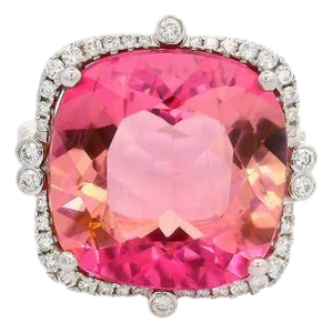 13.80 Carat Pink Tourmaline Diamond 14k White Gold Ring, Size 8