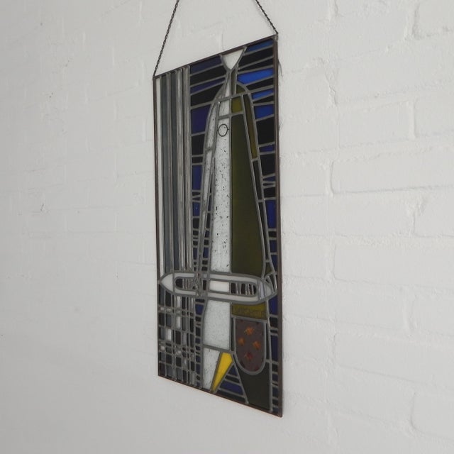 Stained Glass with Image of Man with Weaving Shuttle Vichte, 1950s For Sale - Image 4 of 12