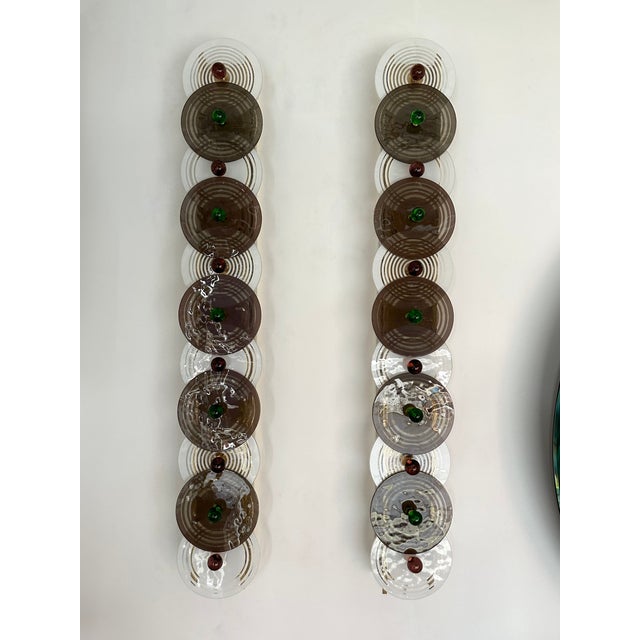 Mid-Century Modern Large Contemporary Pair of Brass and Circle Disc Murano Glass Sconces, Italy For Sale - Image 3 of 12