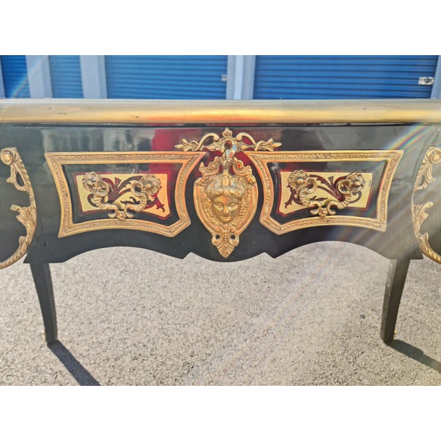 Black Boulle Style Writing Desk/ Table Bureau Plat French Style Marquetry Inlay With Burgundy Faux Leather on the Top For Sale - Image 8 of 12