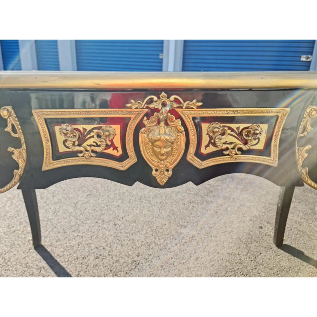 Black Boulle Style Writing Desk/ Table Bureau Plat French Style Marquetry Inlay With Burgundy Faux Leather on the Top. For Home and Office. For Sale - Image 8 of 12