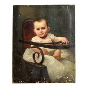 19th C. Antique Oil Painting of a Baby