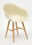 A pair of armchairs; one ivory; one white; made of molded plastic in the Eames style. They are supported by four natural...