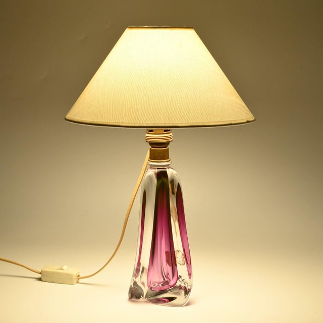 Vintage glass base table lamp from Val Saint Lambert. Lightbulb-mounted lampshade is new. Given dimensions are with the...
