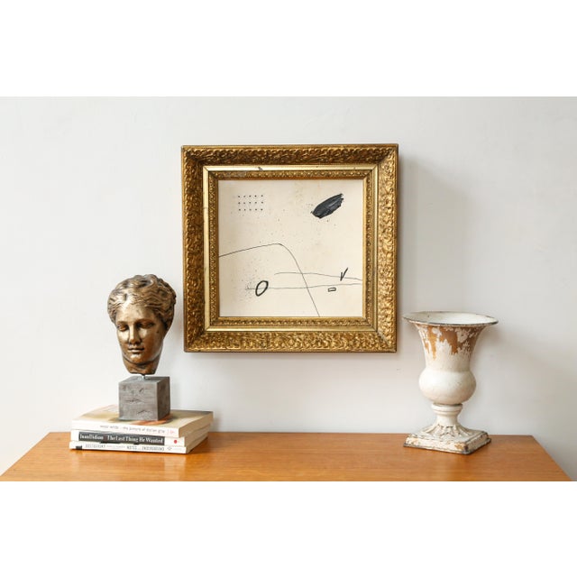 Original abstract painting in a gorgeous antique gold frame. This square piece has a palette of beige, white and black. It...
