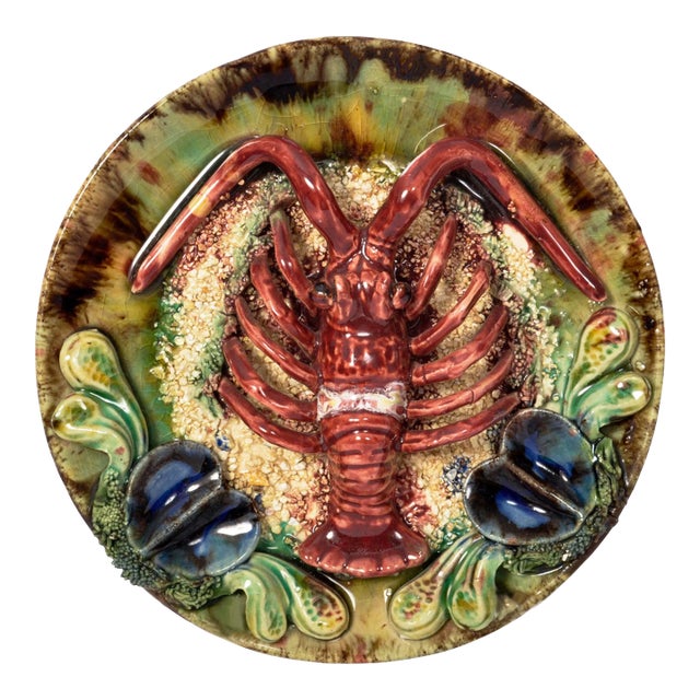 Antique Portuguese Pottery Palissy Style Majolica Lobster Wall Dish Plate, 1900 For Sale