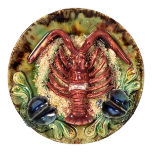 Antique Portuguese Pottery Palissy Style Majolica Lobster Wall Dish Plate, 1900
