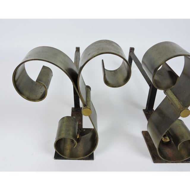 Mid-Century Modern Pair of Mid Century Modern Brass Scroll Andirons in the Style of Raymond Subes For Sale - Image 3 of 11