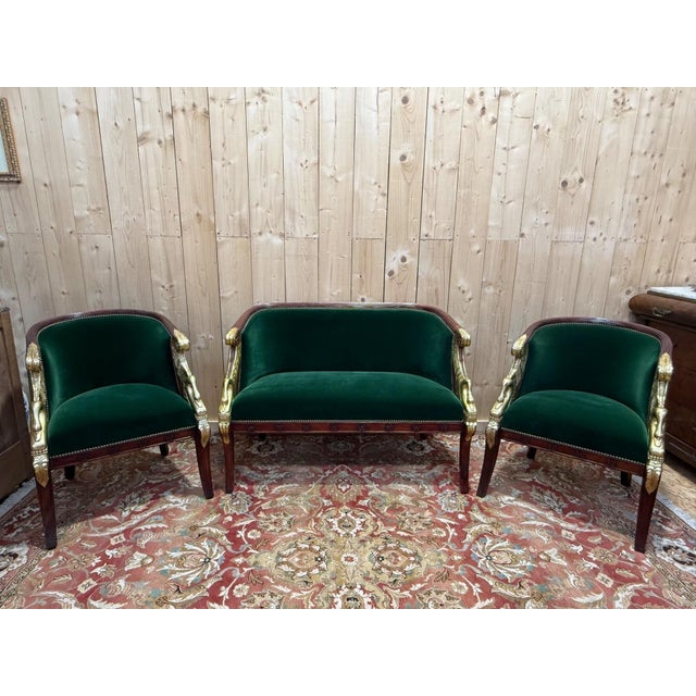 Empire Mahogany Sofa and Armchairs with Gilded Swan Heads, 1950s, Set of 3 For Sale - Image 9 of 9