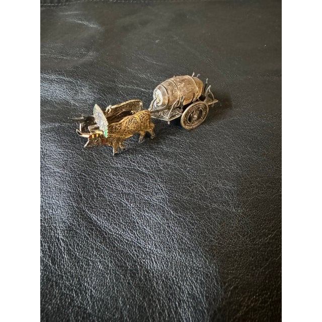 Metal Antique Sterling & Enamel Fillagree Miniature, Tiny Ox Cart & Wood Barrow For Sale - Image 7 of 9
