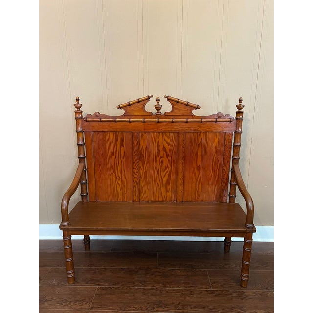 Antique English Faux Bamboo Pine Hall Bench Victorian High Back Settle C1890 For Sale - Image 4 of 18