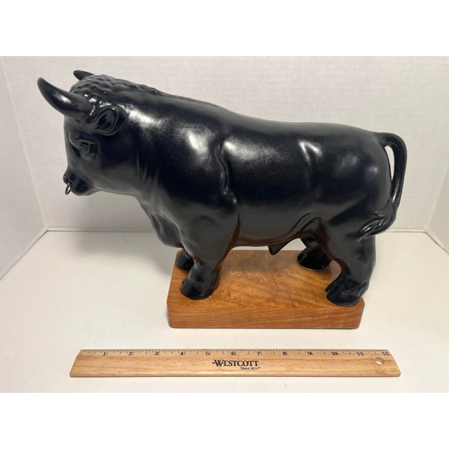 Black Vintage Ceramic Black Bull Figurine With Wooden Base For Sale - Image 8 of 8