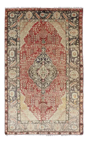 Antique Turkish Oushak Rug in Deep Rose and Charcoal With Ivory Medallion 4′4″ × 7′2″