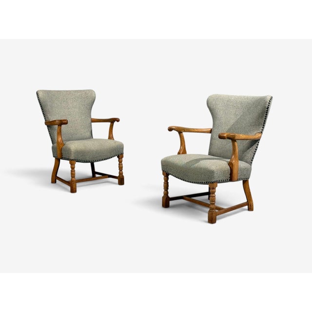 Danish Cabinetmaker, Armchairs, Oak, Gray Wool, Denmark, 1950s For Sale - Image 4 of 12