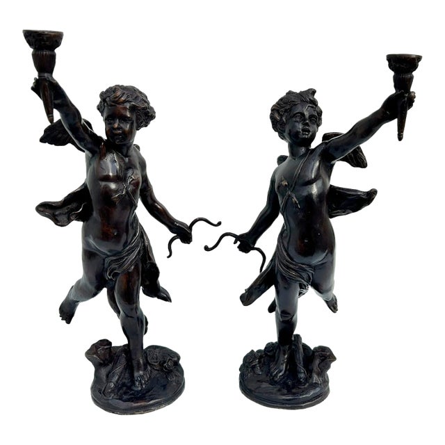Vtg. Large Bronze Neo-Classic Style Cherub Candle Holders For Sale