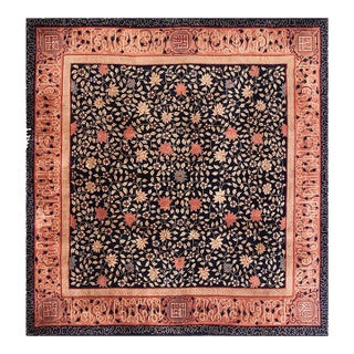 1940s Navy Blue Floral Antique Hand Knotted Chinese Art Deco Rug 8'6"x 9'0" Wool Carpet For Sale