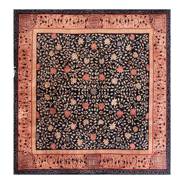 1940s Navy Blue Floral Antique Hand Knotted Chinese Art Deco Rug 8'6"x 9'0" Wool Carpet For Sale