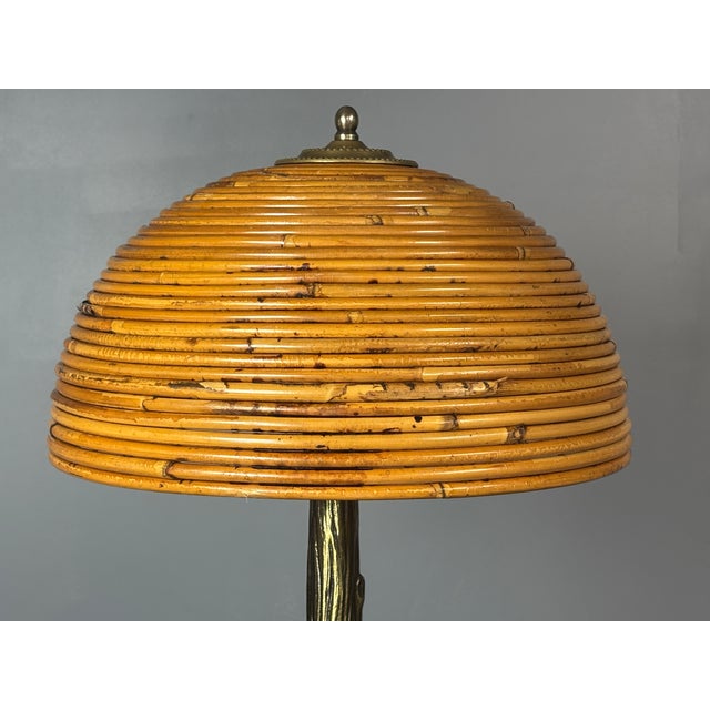 Gold Mid-Century Pencil Reed Rattan Bamboo and Brass Table Lamp, 1970s For Sale - Image 8 of 17