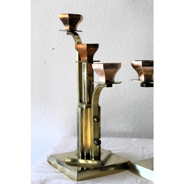 Art Deco 3-Armed Candlesticks in Brass, 1920s, Set of 2 For Sale - Image 12 of 14