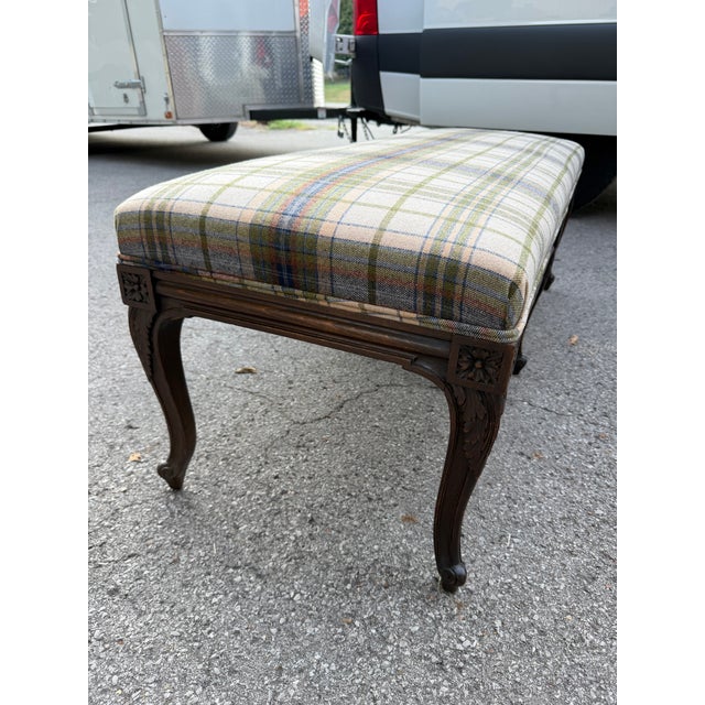 Wood Newly Upholstered Plaid French Bench For Sale - Image 7 of 11
