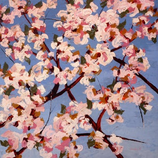 Fleurs by Hadley Rampton | Oil on Masonite Painting of pink flowers against a blue background For Sale
