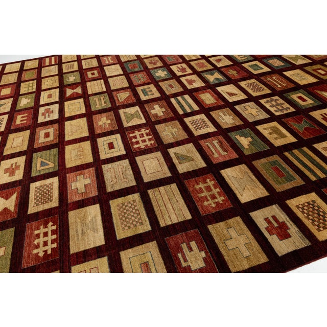 Burgundy Modern Geometric Grid Hand-Knotted Wool Area Rug in Deep Burgundy & Earth Tones For Sale - Image 8 of 12