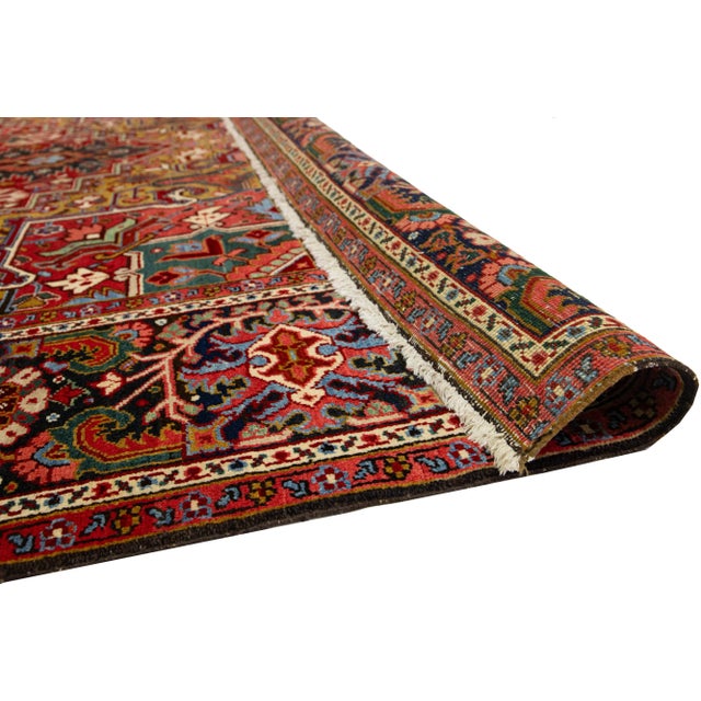 Antique Heriz Handmade Persian Medallion Designed Red Wool Rug For Sale - Image 4 of 10