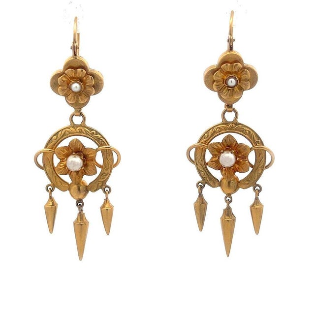 Contemporary Art Nouveau Gold Dangle Earrings 15k Yellow Pearl Floral Style, 2 pieces For Sale - Image 3 of 7
