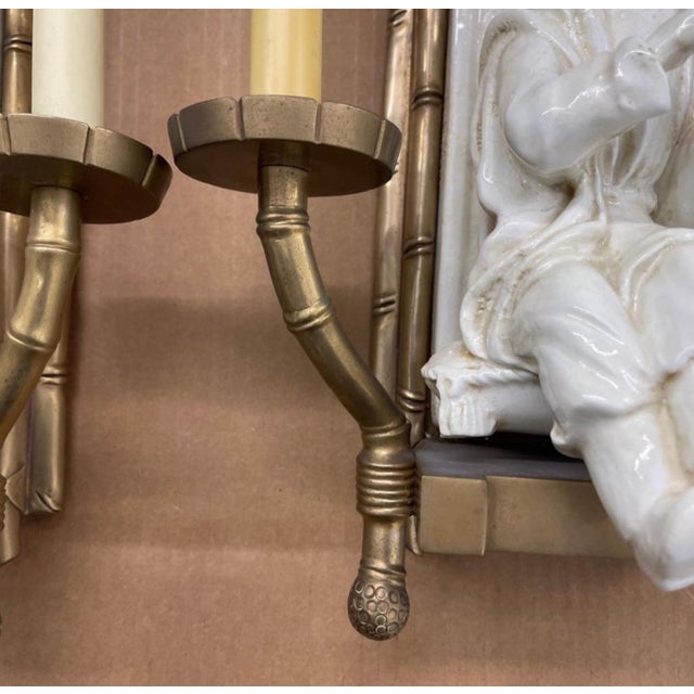 Vintage Chapman Chinoiserie Faux Bamboo Brass, Ceramic Two-Light Sconces, a Pair For Sale - Image 10 of 12