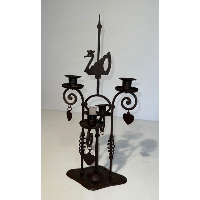1950s Two Lights Wrought Iron Candlestick Representing a Swan For Sale - Image 6 of 12