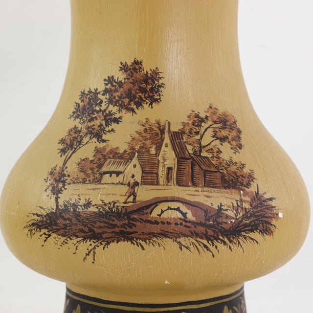 Vintage Hand Painted Table Lamp Mustard Yellow Country Landscape With Bridge and Foliage Motif For Sale - Image 11 of 12