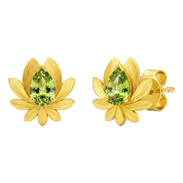 Pear-Cut Peridot Lutus Flower Earrings Studs, Silver, Gold, Pair For Sale