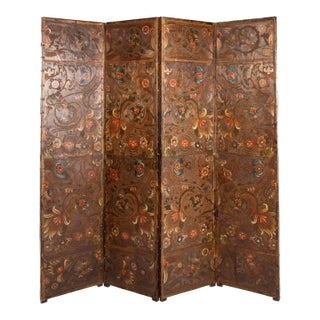 Spanish Painted and Parcel-Gilt Leather Four Panel Screen For Sale