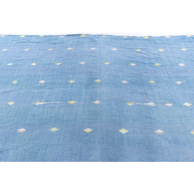 English Doris Leslie Blau Indian Dhurrie Vintage Geometric Blue Flatweave Cotton Rug For Sale - Image 3 of 9