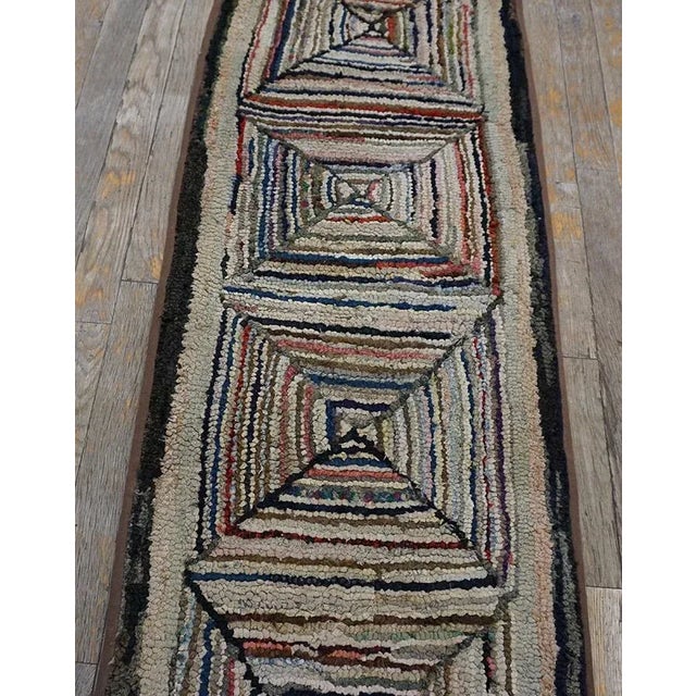 Ecru 1900s Tan Ecru Log Cabin Folk Art Antique American Hooked Rug 1'6'' X 20'2'' Woven Carpet Runner For Sale - Image 8 of 12