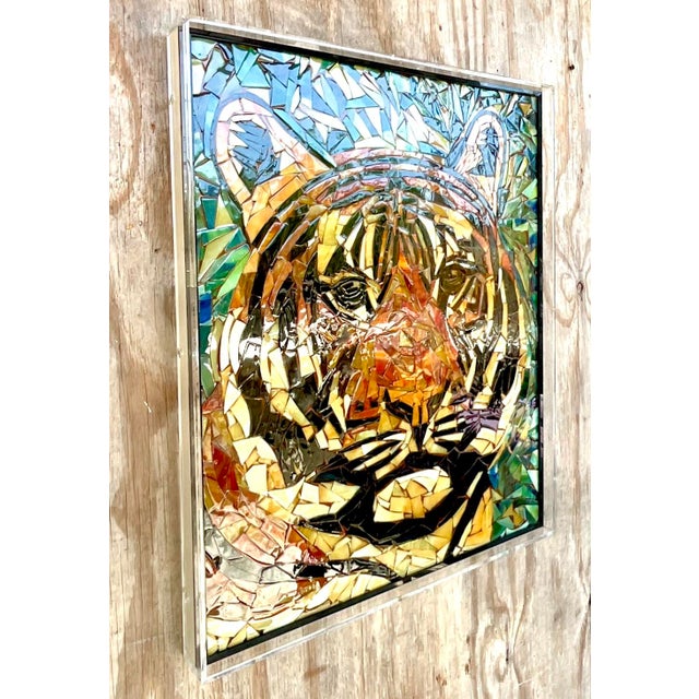 Unveil a captivating piece of artistry with the Vintage Boho Glass Mosaic of a Tiger in a Lucite Box wall sculpture. This...