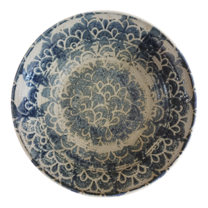 Vintage Artisan Signed Chinese Style Blue & White Stoneware Bowl