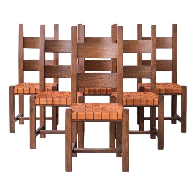 Mid-Century Dutch Leather and Oak Dining Chairs, Set of 6 For Sale