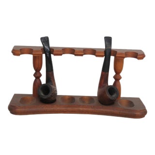 Wooden Tobacco Pipe Stand for 6 Pipes 3pc Set 2 Smoking Pipes Included 5075b For Sale