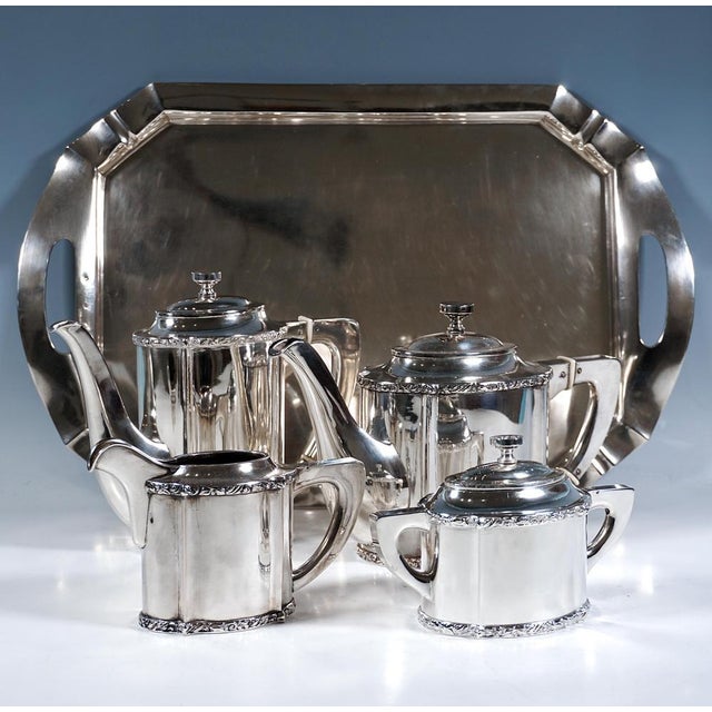 Art Nouveau Silver Coffee & Tea Set on Tray, 1890s, Set of 5 For Sale - Image 3 of 14