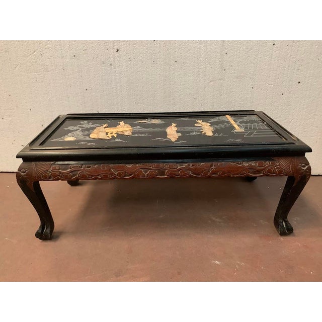 Brown Antique Black Wooden Coffee Table with Chinoiserie Decoration, 1900s For Sale - Image 8 of 9