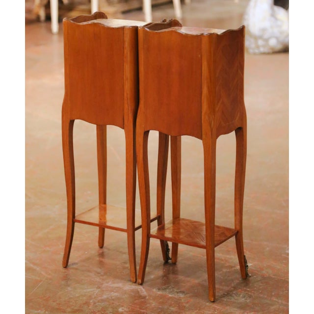 Pair of Mid-Century French Louis XV Walnut Marquetry Marble-Top Nightstands For Sale - Image 13 of 13
