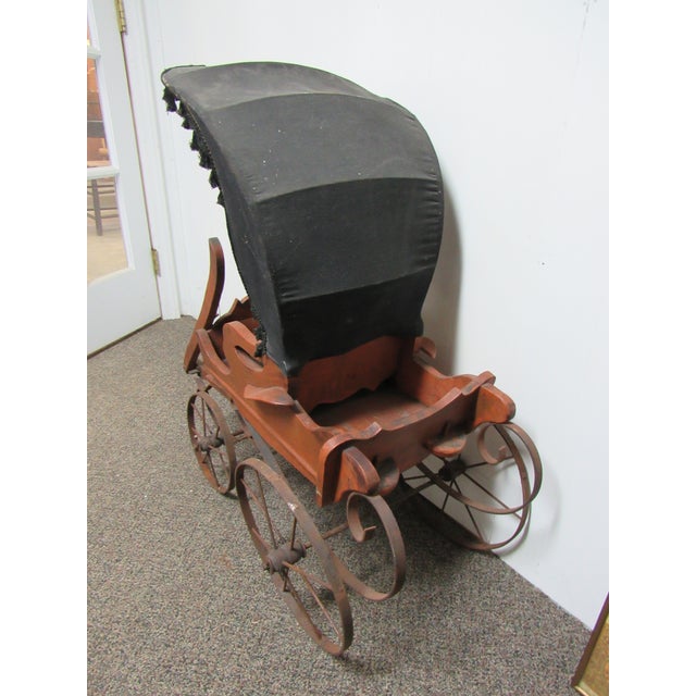 English Antique English Goat Cart With Wooden Body, Metal Wheels & Black Canopy For Sale - Image 3 of 5