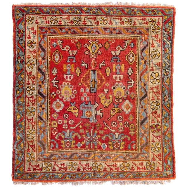 Late 19th Century Antique Square Red Gold Light Blue Ivory Turkish Oushak Area Rug circa 1880-1900 For Sale - Image 5 of 5